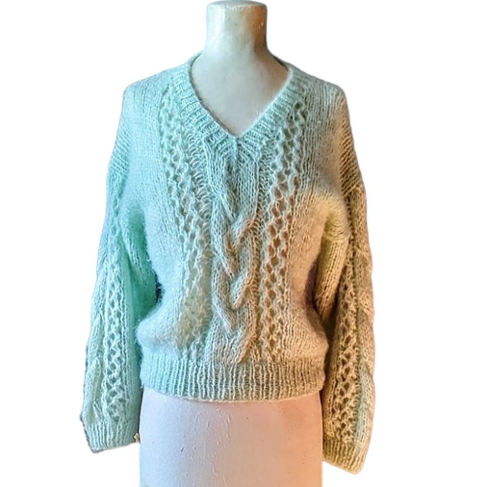 Mint Green Hand Knit 1960s Vintage Cable Knit V Neck Sweater Oversized Large - Picture 1 of 7